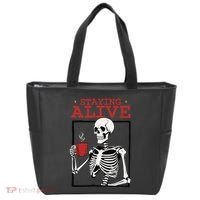 Spooky Vibe Coffee Skeleton Halloween Staying Alive Meme Tote Bag thumb 0