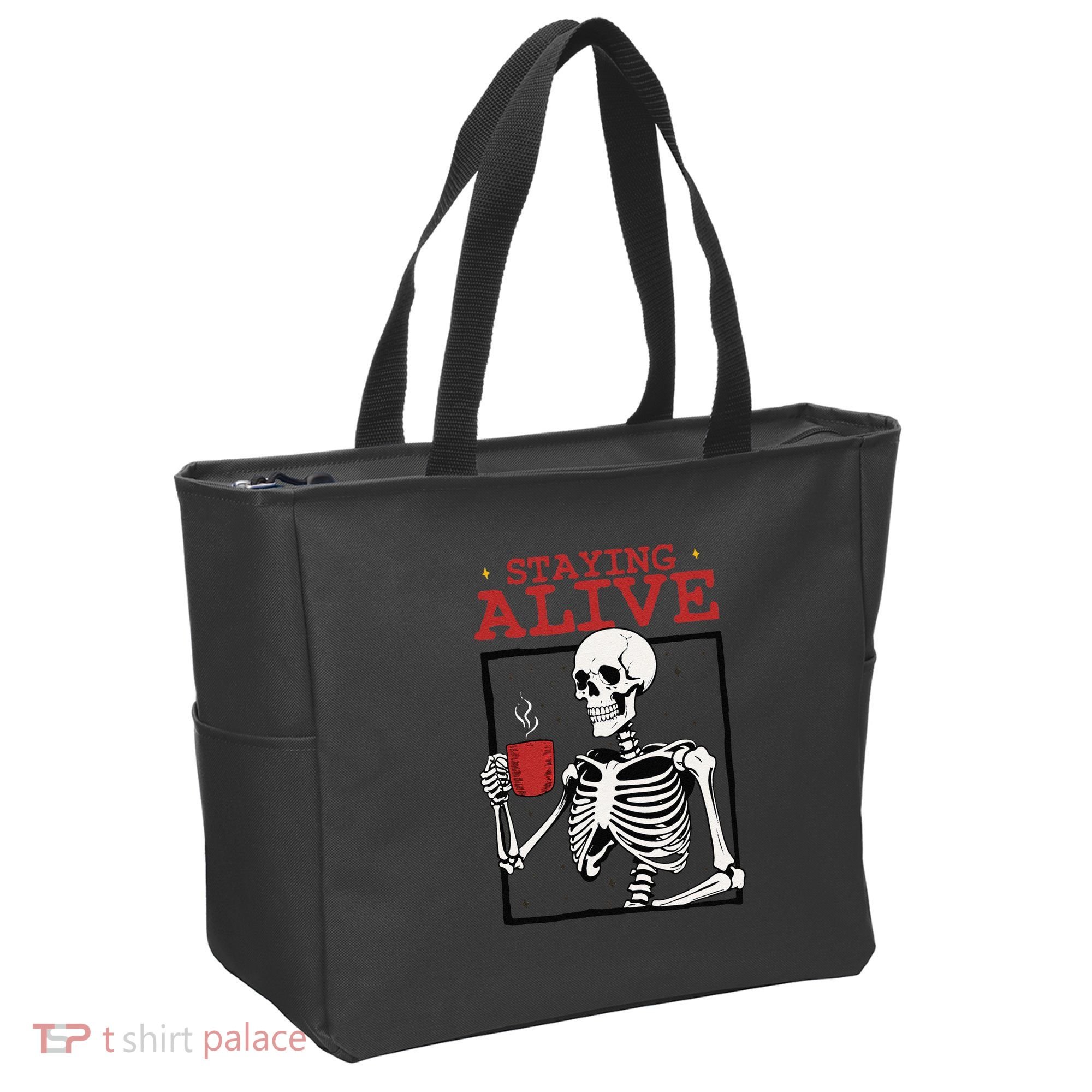 Spooky Vibe Coffee Skeleton Halloween Staying Alive Meme Tote Bag