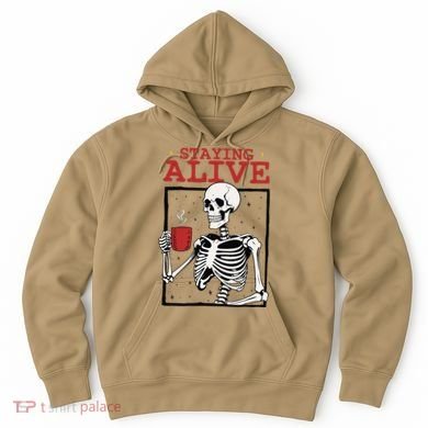 Spooky Vibe Coffee Skeleton Halloween Staying Alive Meme Hoodie