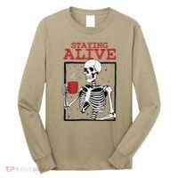 Spooky Vibe Coffee Skeleton Halloween Staying Alive Meme Long Sleeve Shirt thumb 0
