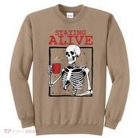 Spooky Vibe Coffee Skeleton Halloween Staying Alive Meme Sweatshirt thumb 0
