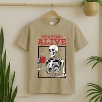 Spooky Vibe Coffee Skeleton Halloween Staying Alive Meme T-Shirt thumb 2