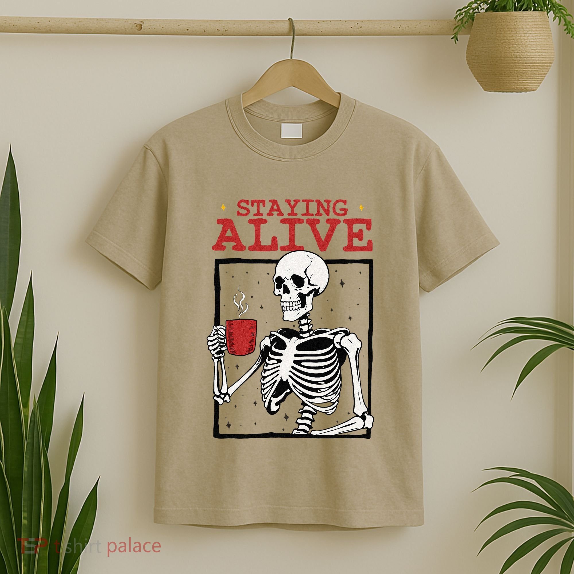 Spooky Vibe Coffee Skeleton Halloween Staying Alive Meme T-Shirt