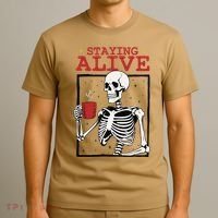 Spooky Vibe Coffee Skeleton Halloween Staying Alive Meme T-Shirt thumb 3