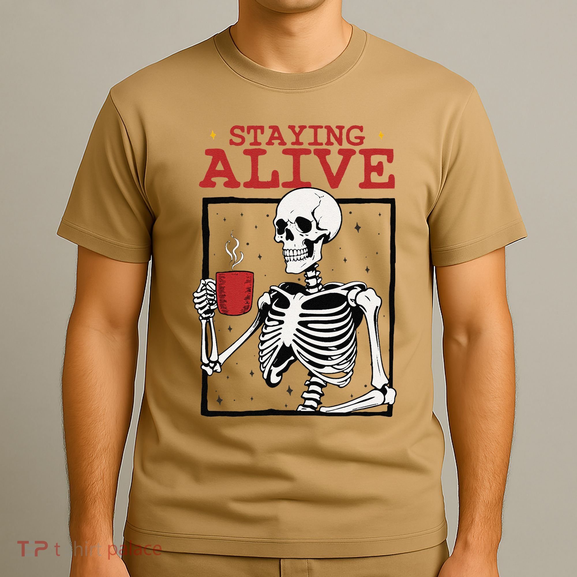 Spooky Vibe Coffee Skeleton Halloween Staying Alive Meme T-Shirt