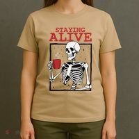 Spooky Vibe Coffee Skeleton Halloween Staying Alive Meme T-Shirt thumb 4
