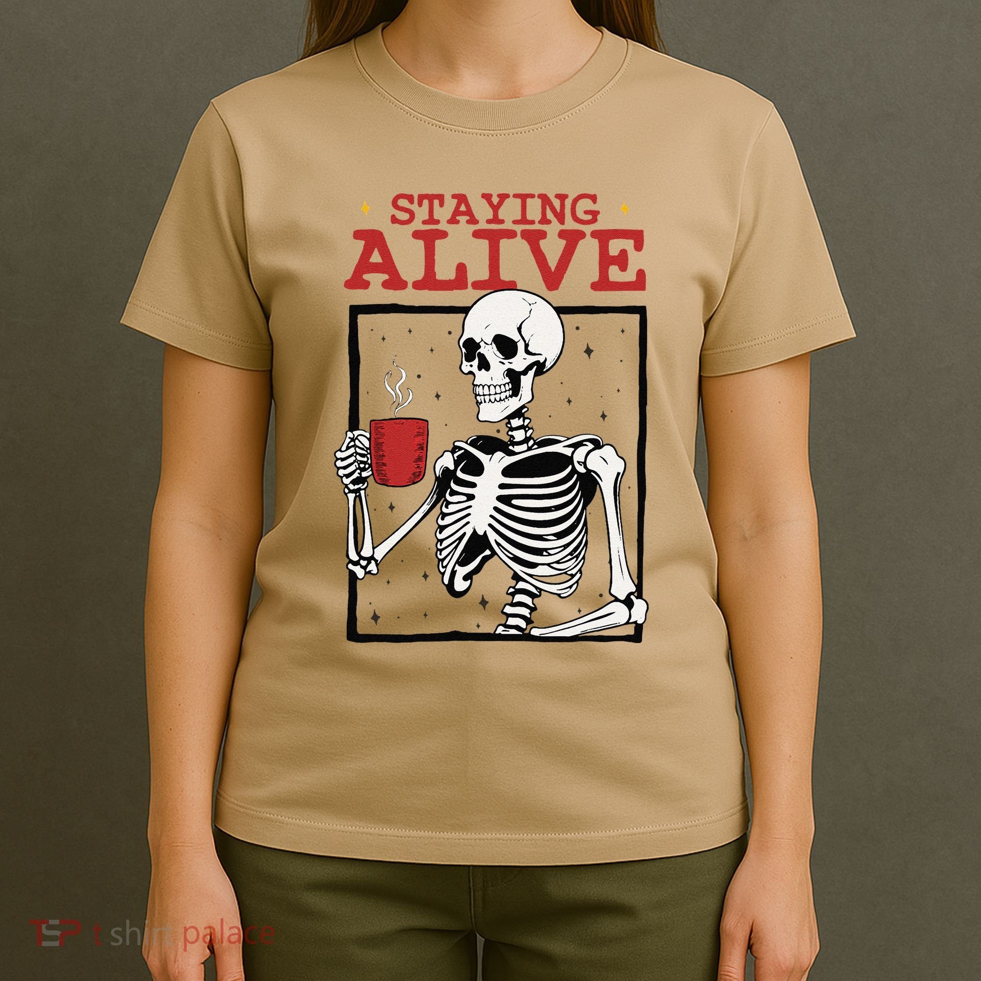 Spooky Vibe Coffee Skeleton Halloween Staying Alive Meme T-Shirt