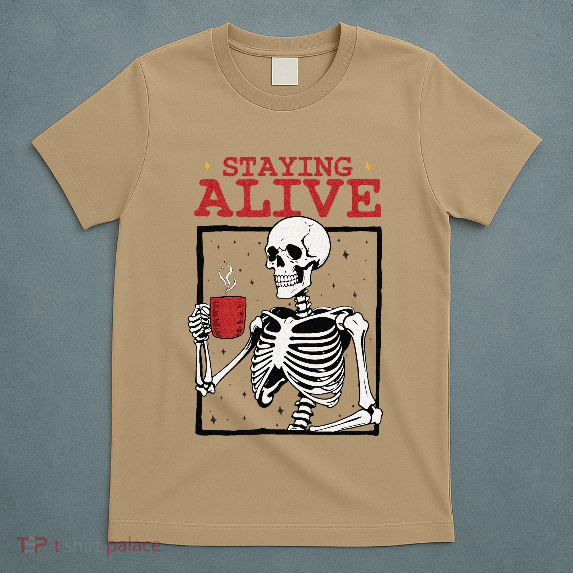 Spooky Vibe Coffee Skeleton Halloween Staying Alive Meme T-Shirt