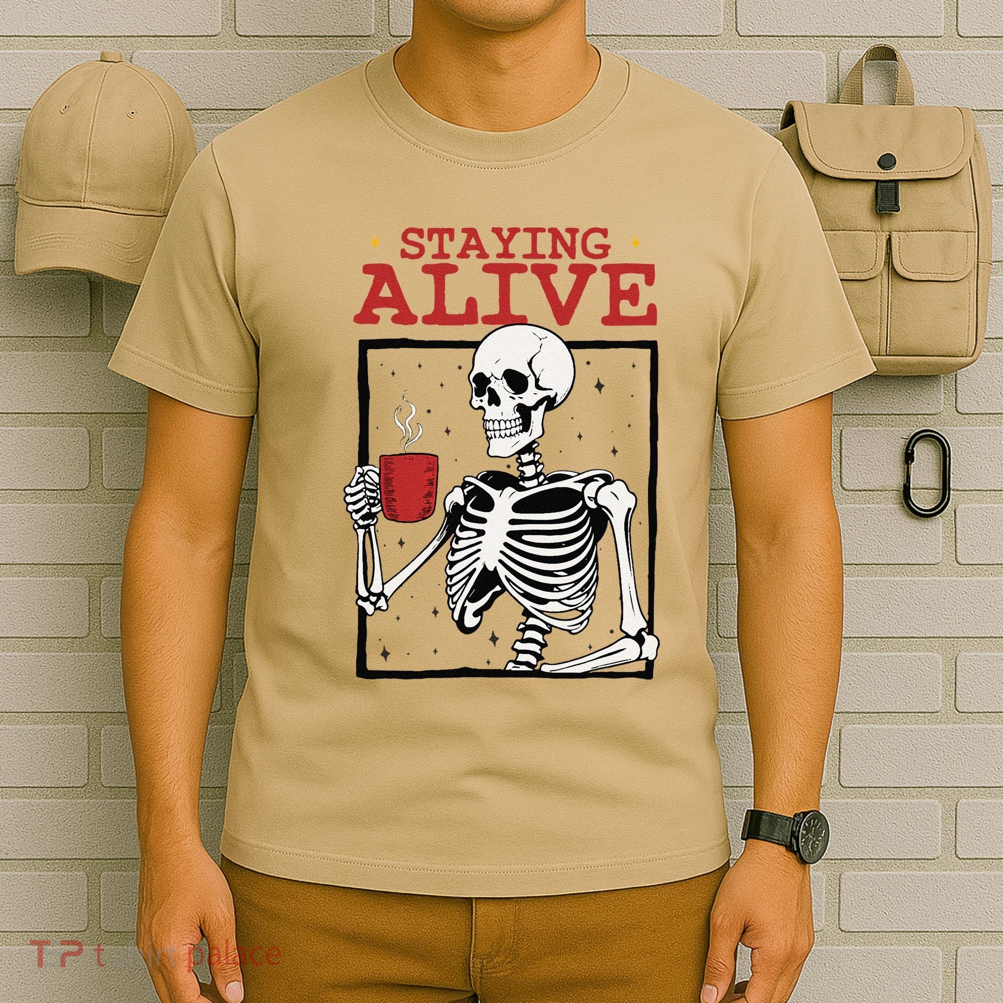 Spooky Vibe Coffee Skeleton Halloween Staying Alive Meme T-Shirt