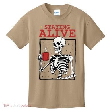 Spooky Vibe Coffee Skeleton Halloween Staying Alive Meme Kids T-Shirt