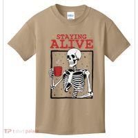 Spooky Vibe Coffee Skeleton Halloween Staying Alive Meme Kids T-Shirt thumb 0