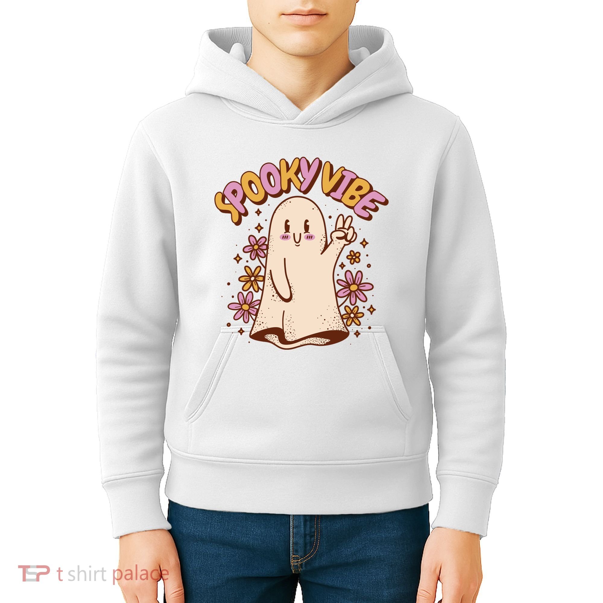 Spooky Vibe Cute Hippie Ghost Kids Hoodie