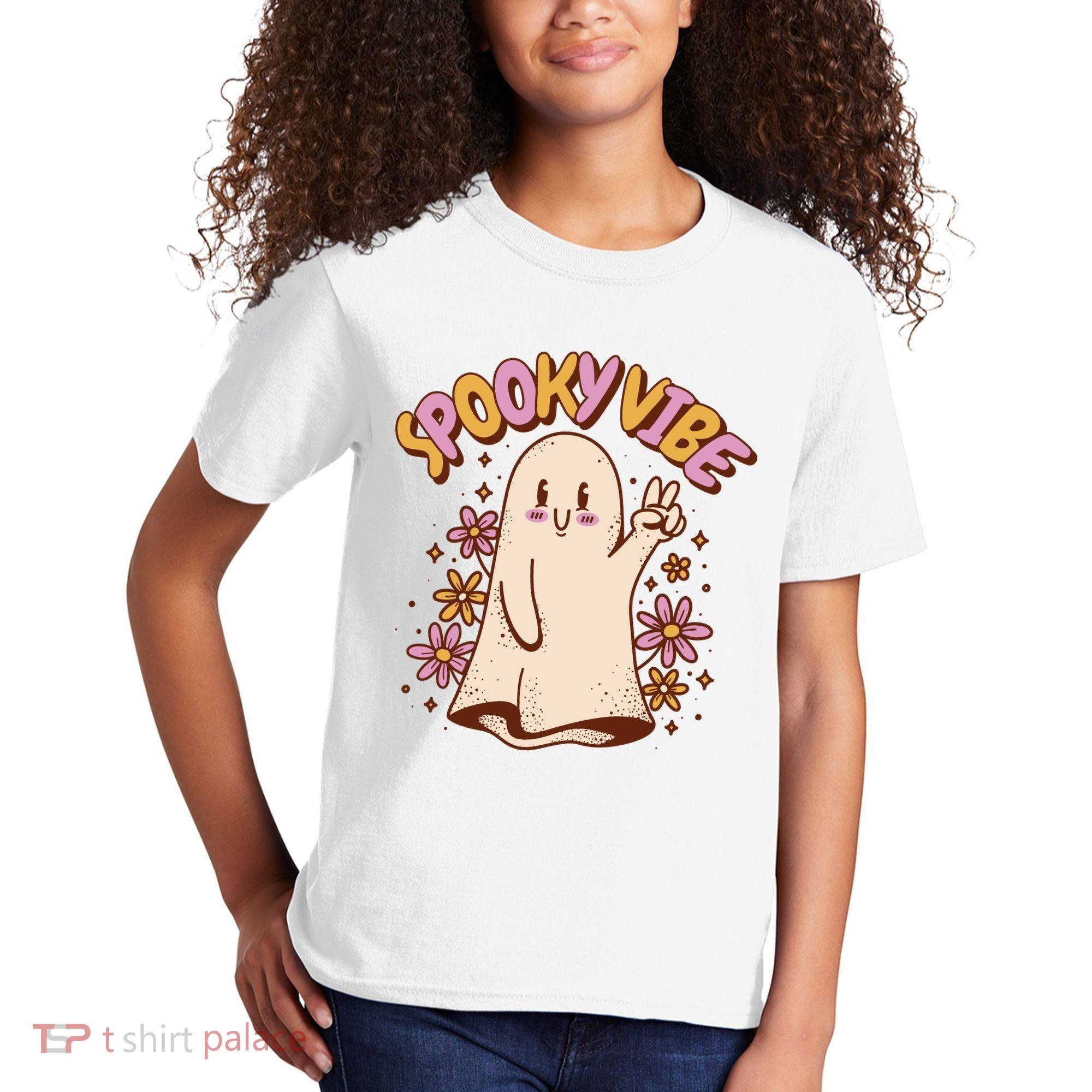 Spooky Vibe Cute Hippie Ghost Kids T-Shirt