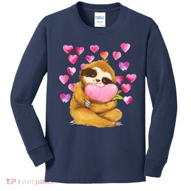 Sloth Valentine's Day Cute Sloth Hugging A Heart Kids Long Sleeve Shirt