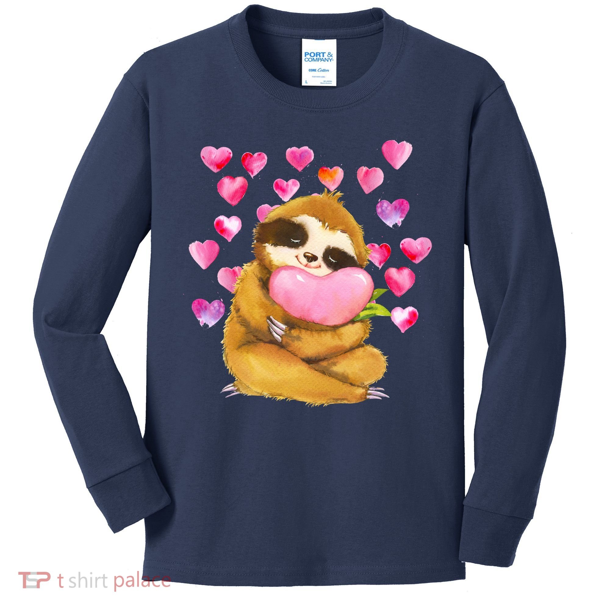 Sloth Valentine's Day Cute Sloth Hugging A Heart Kids Long Sleeve Shirt