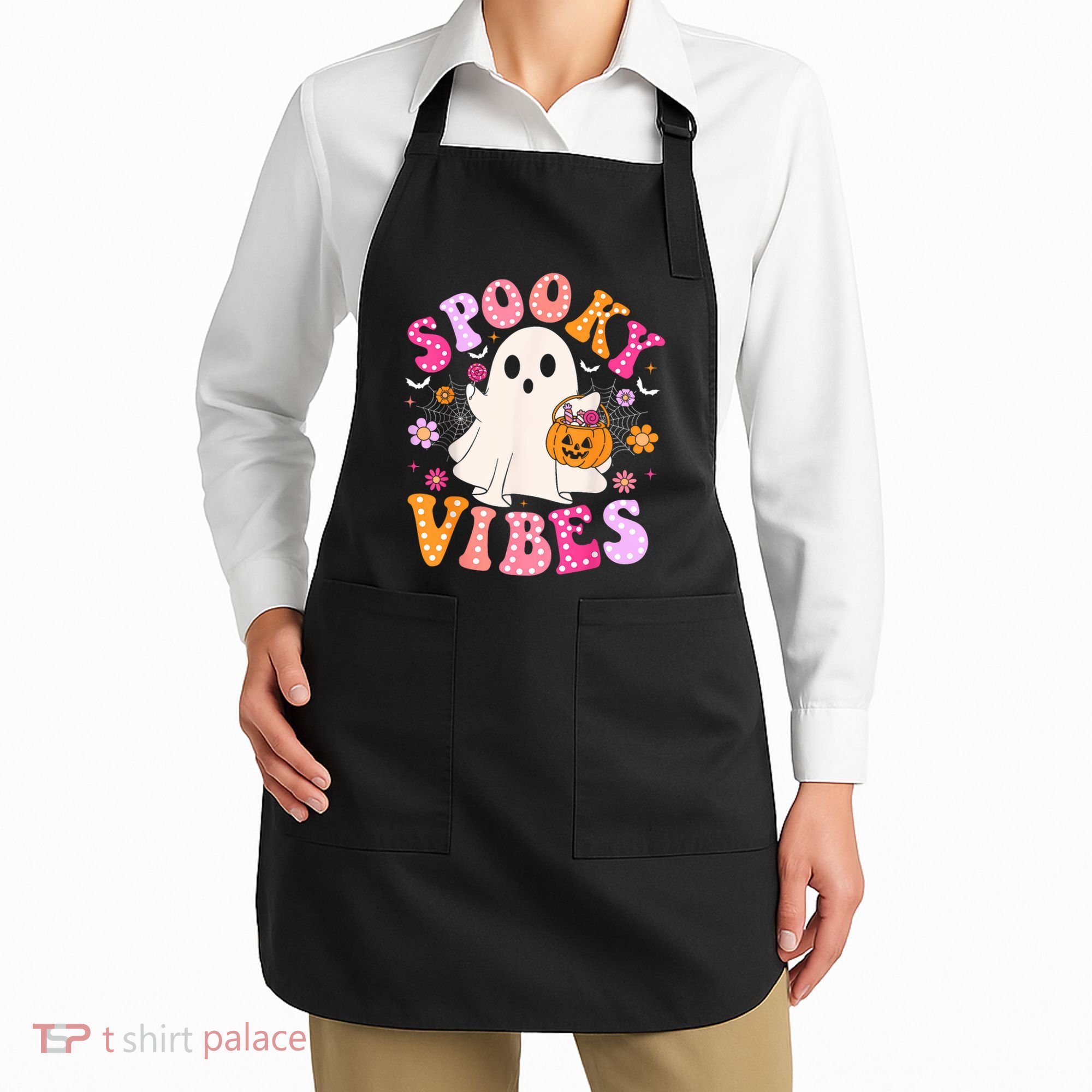 Spooky Vibes Ghost Retro Groovy Halloween Women Apron