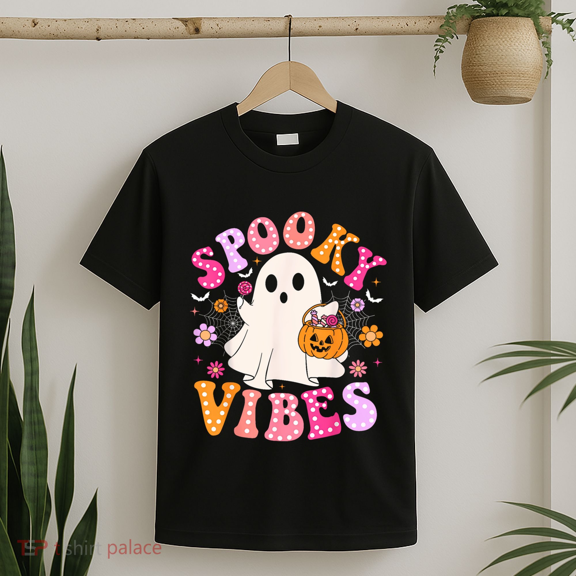 Spooky Vibes Ghost Retro Groovy Halloween Women T-Shirt