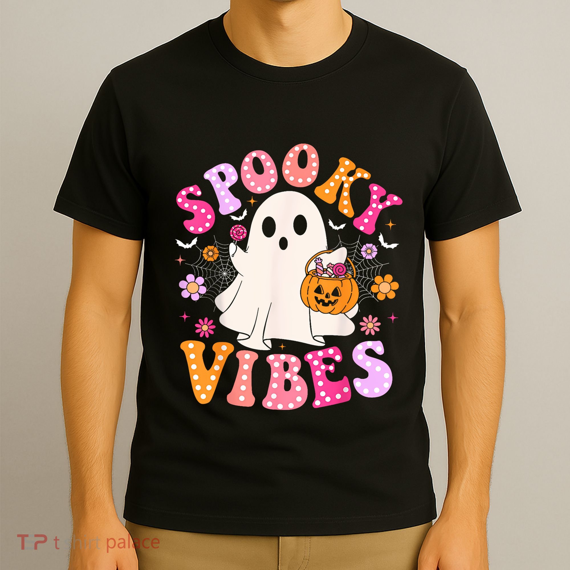 Spooky Vibes Ghost Retro Groovy Halloween Women T-Shirt