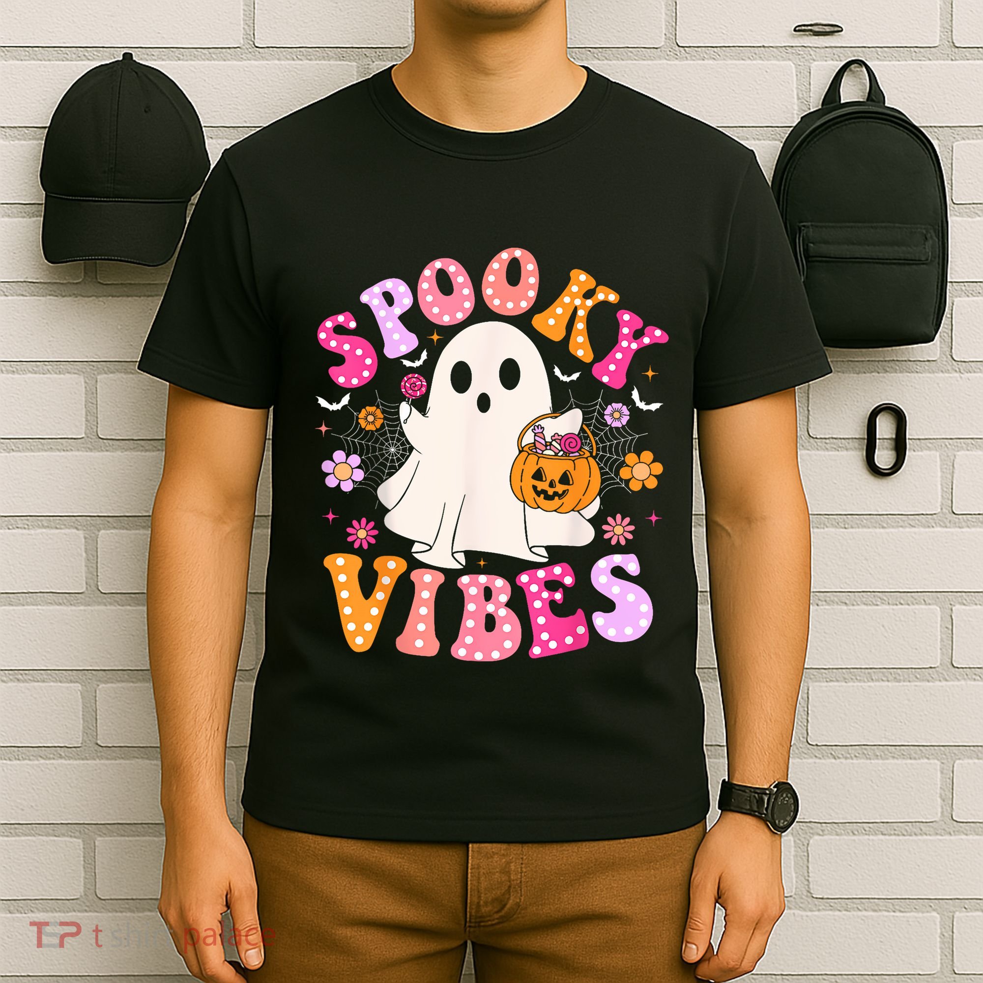 Spooky Vibes Ghost Retro Groovy Halloween Women T-Shirt