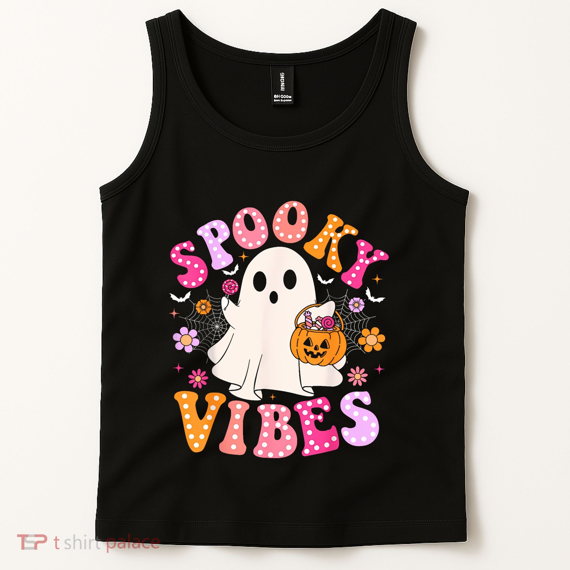 Spooky Vibes Ghost Retro Groovy Halloween Women Tank Top