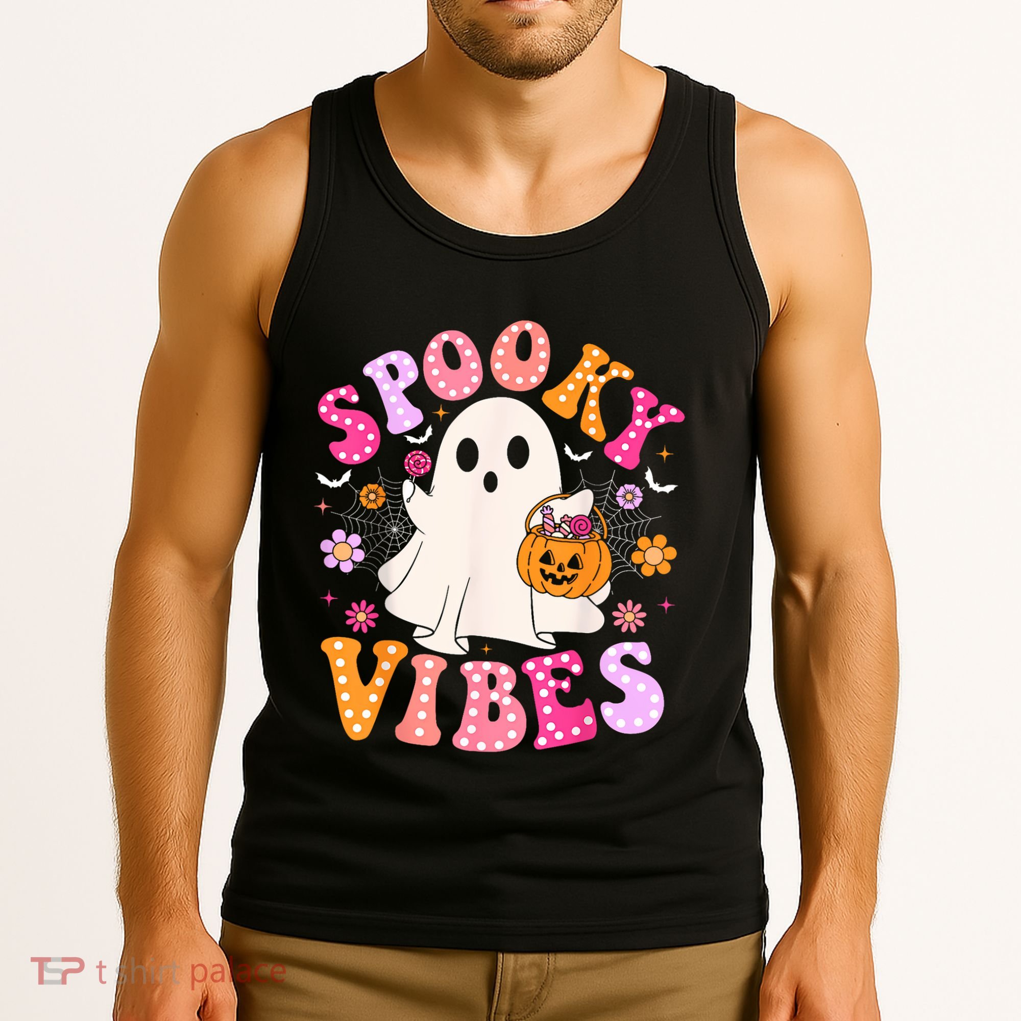 Spooky Vibes Ghost Retro Groovy Halloween Women Tank Top
