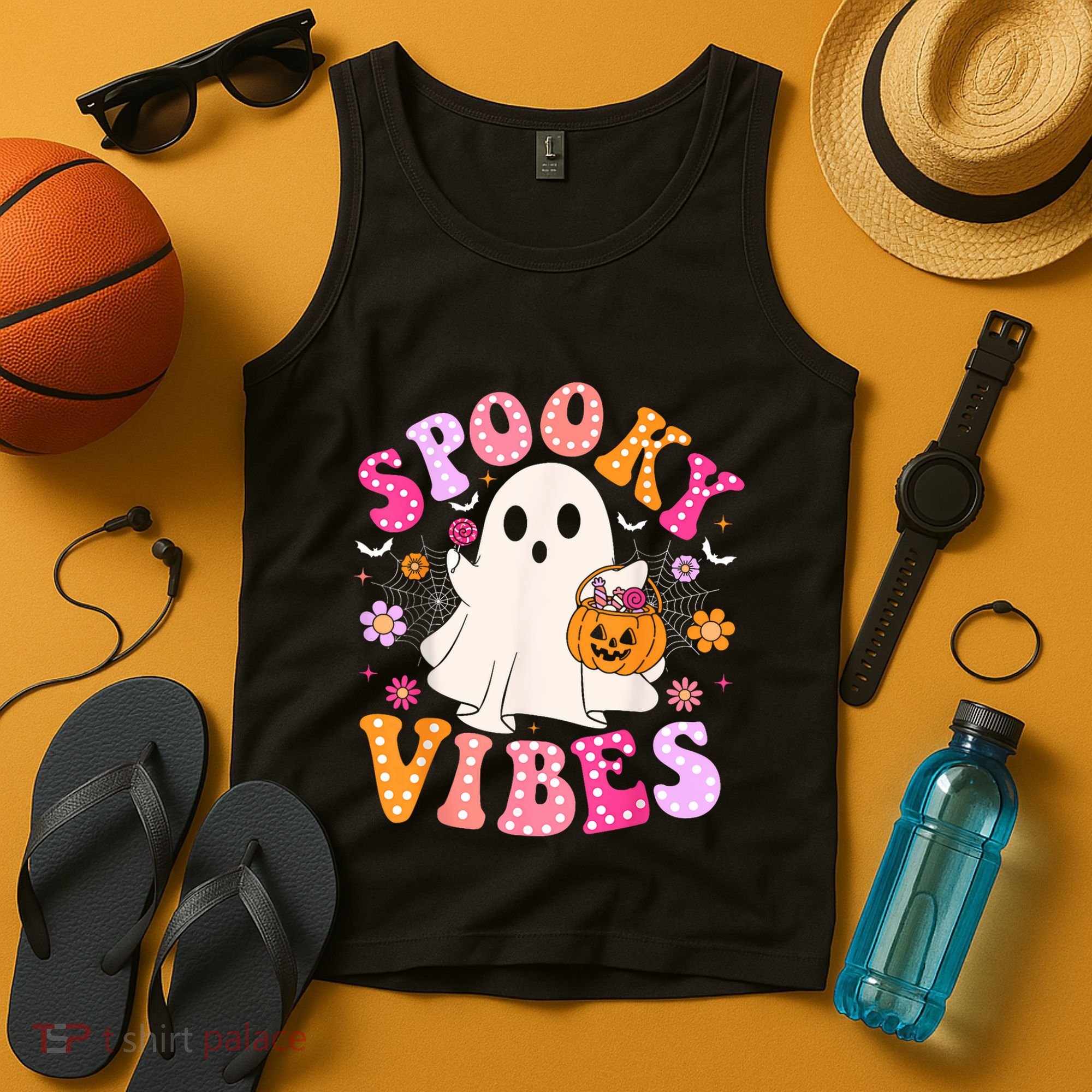 Spooky Vibes Ghost Retro Groovy Halloween Women Tank Top