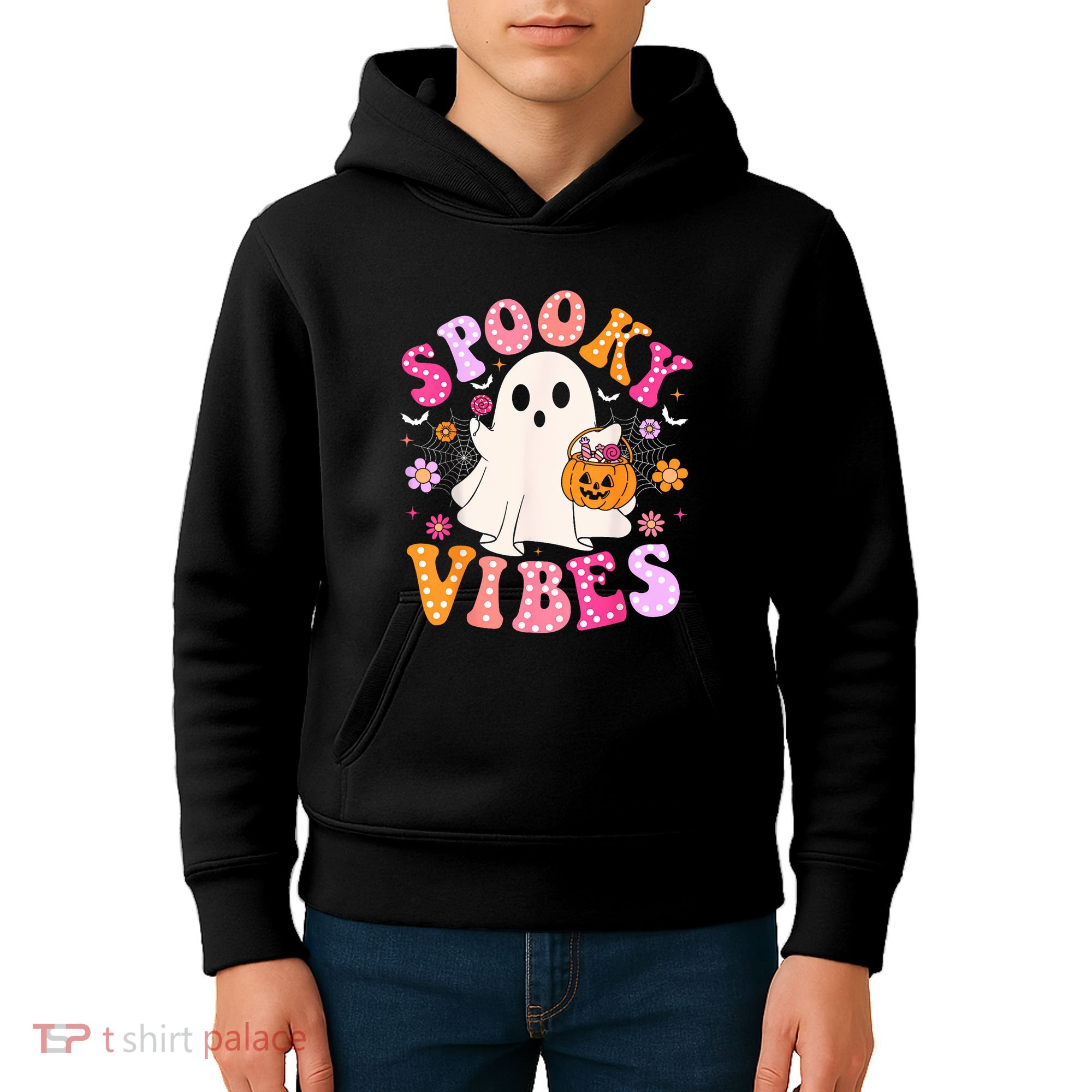 Spooky Vibes Ghost Retro Groovy Halloween Women Kids Hoodie