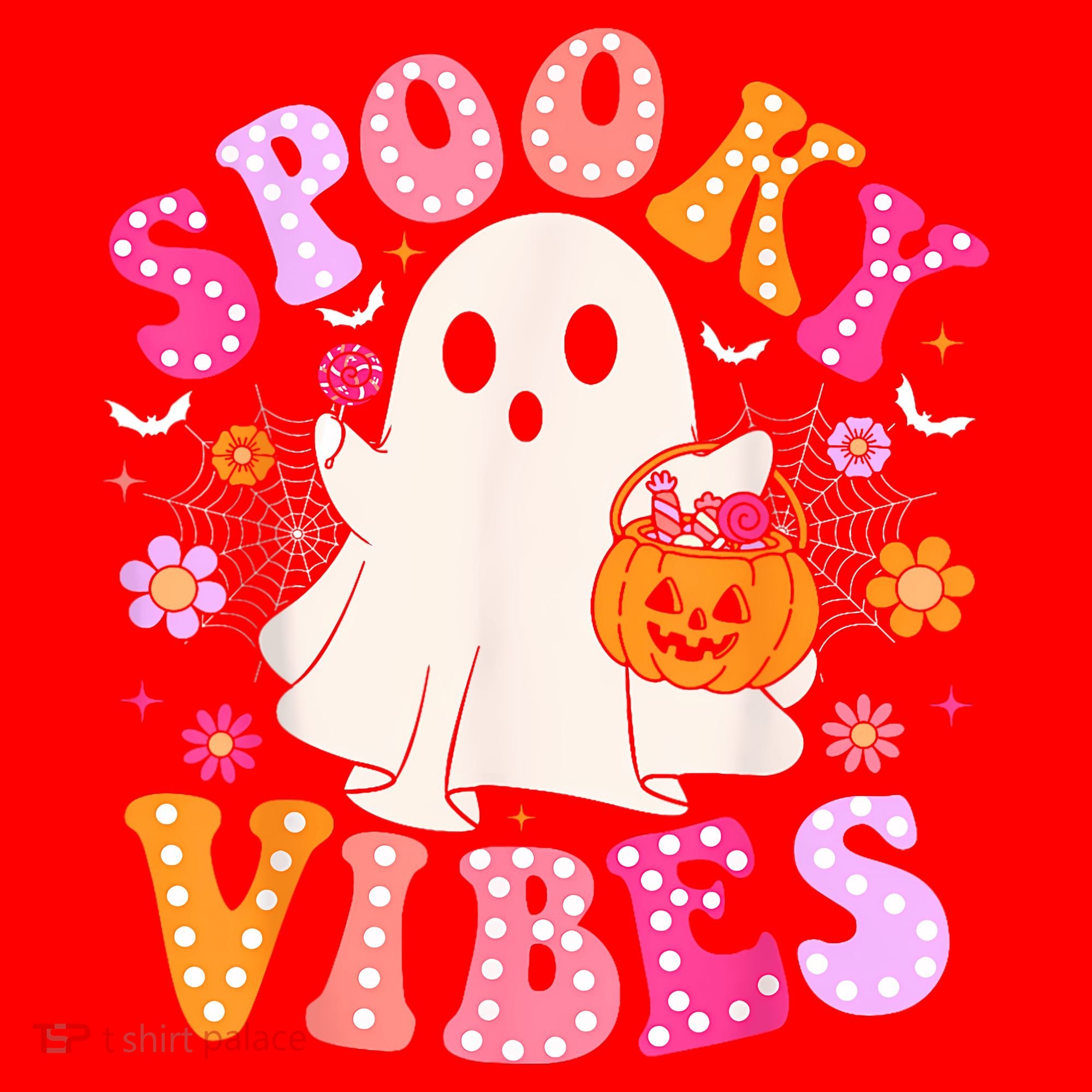 Spooky Vibes Ghost Retro Groovy Halloween Women Santa Hat