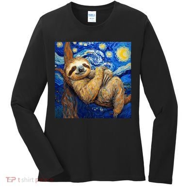 Sloth Van Gogh Style Starry Night Women's Long Sleeve Shirt