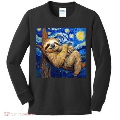 Sloth Van Gogh Style Starry Night Kids Long Sleeve Shirt
