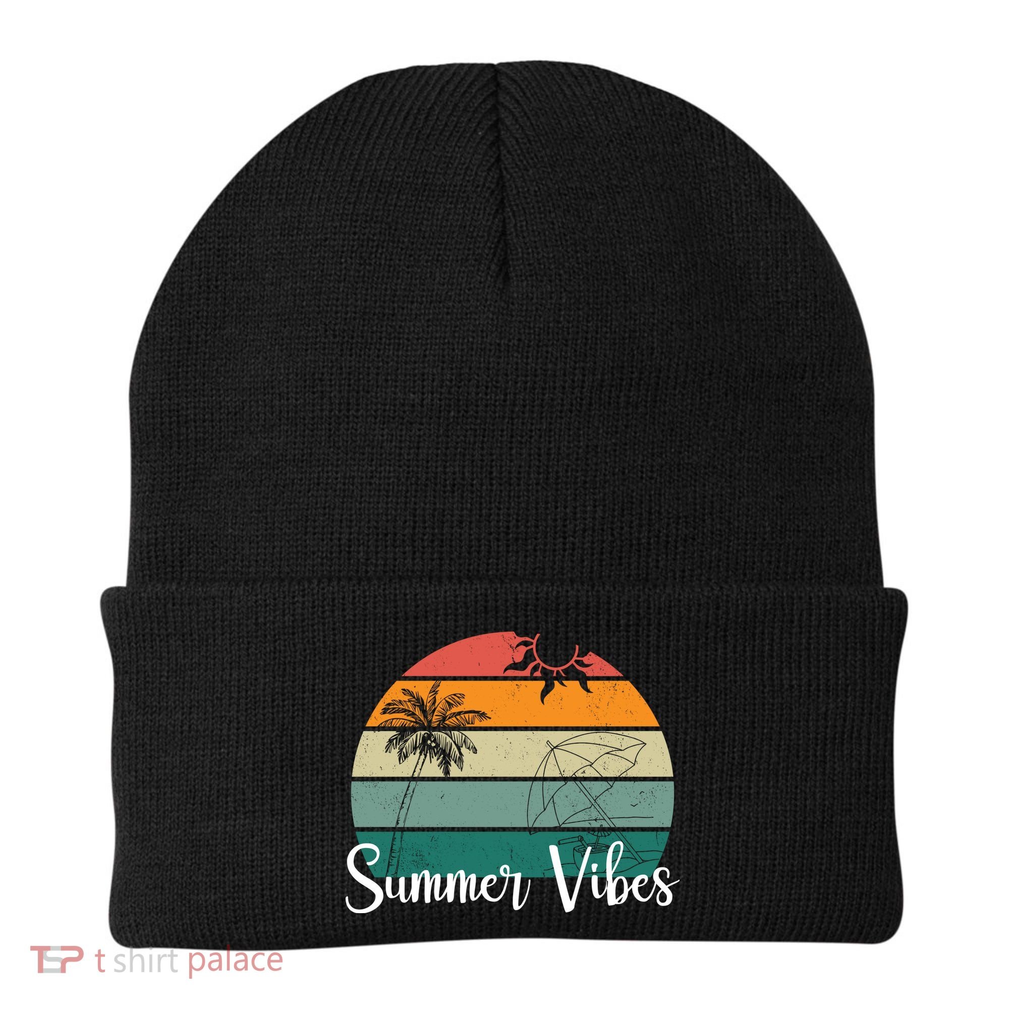 Summer Vibes Palm Trees Retro Sunset Beanie
