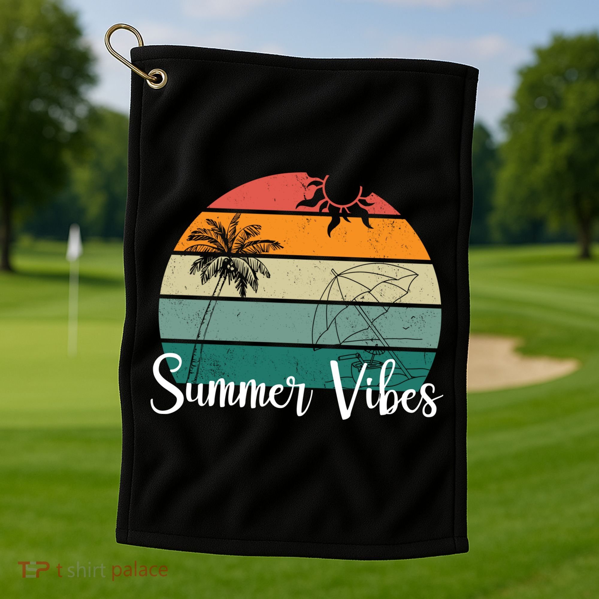 Summer Vibes Palm Trees Retro Sunset Golf Towel