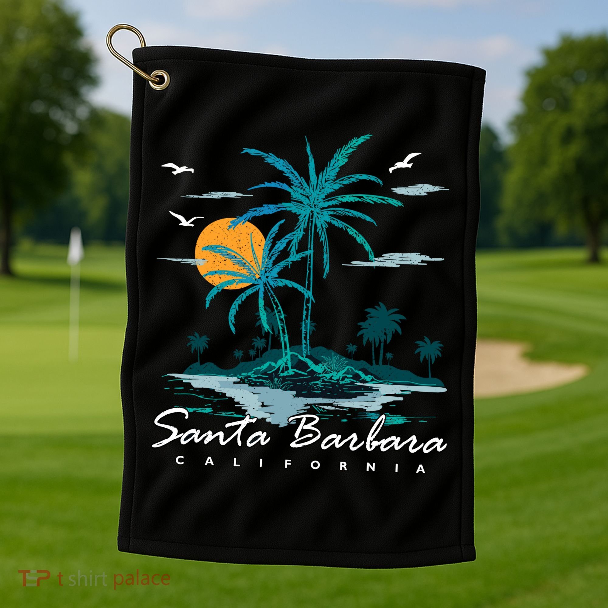 Summer Vacation Retro Sunset California Santa Barbara Golf Towel