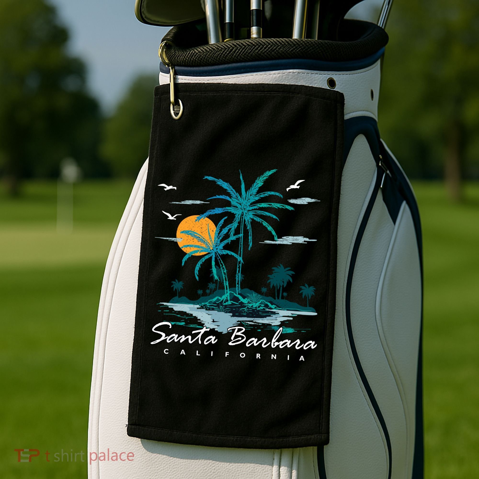 Summer Vacation Retro Sunset California Santa Barbara Golf Towel