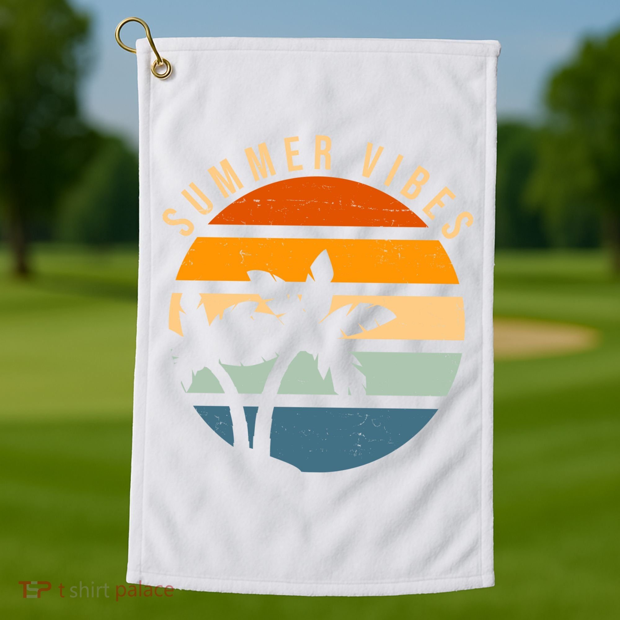 Summer Vibes Retro Sunset Tropical Golf Towel