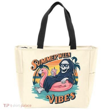 Summerween Vibes Skeleton Flamingo Float Summer Halloween Tote Bag