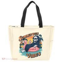 Summerween Vibes Skeleton Flamingo Float Summer Halloween Tote Bag thumb 0