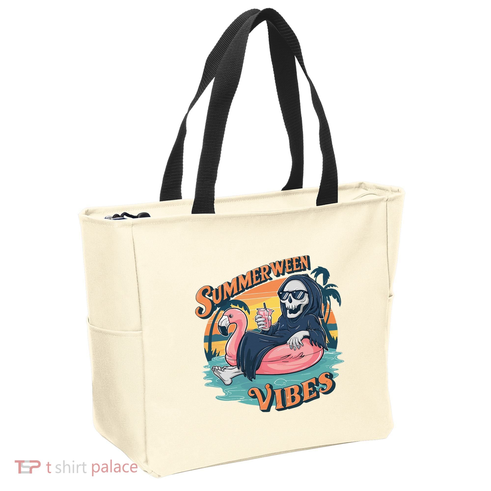 Summerween Vibes Skeleton Flamingo Float Summer Halloween Tote Bag