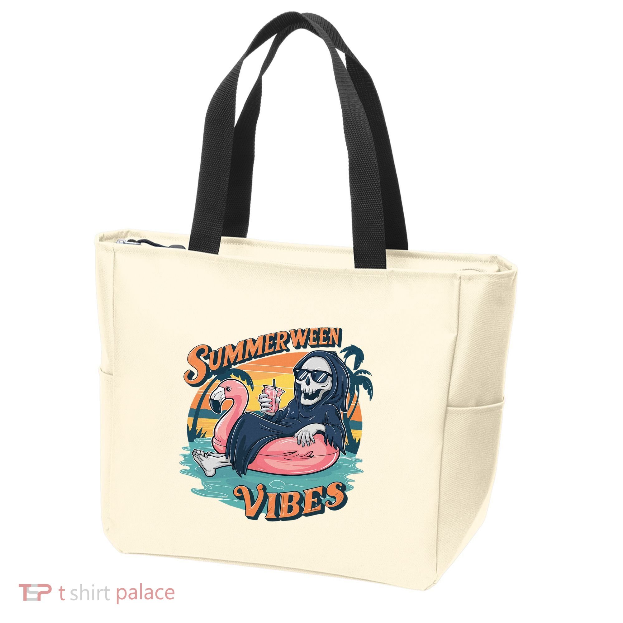Summerween Vibes Skeleton Flamingo Float Summer Halloween Tote Bag