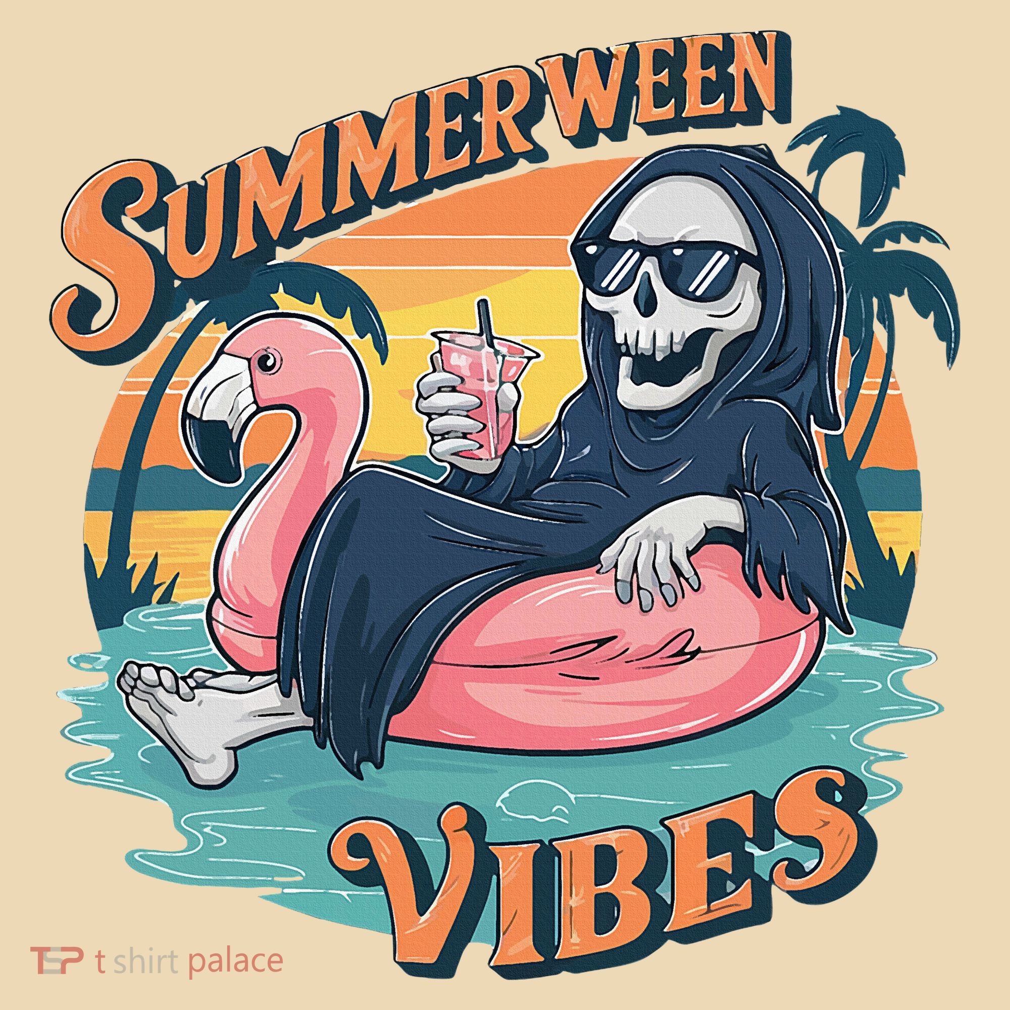 Summerween Vibes Skeleton Flamingo Float Summer Halloween Tote Bag