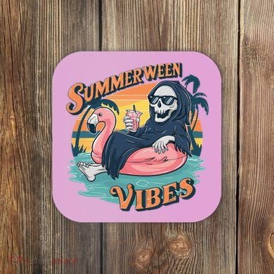 Summerween Vibes Skeleton Flamingo Float Summer Halloween Coaster