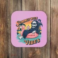 Summerween Vibes Skeleton Flamingo Float Summer Halloween Coaster thumb 0