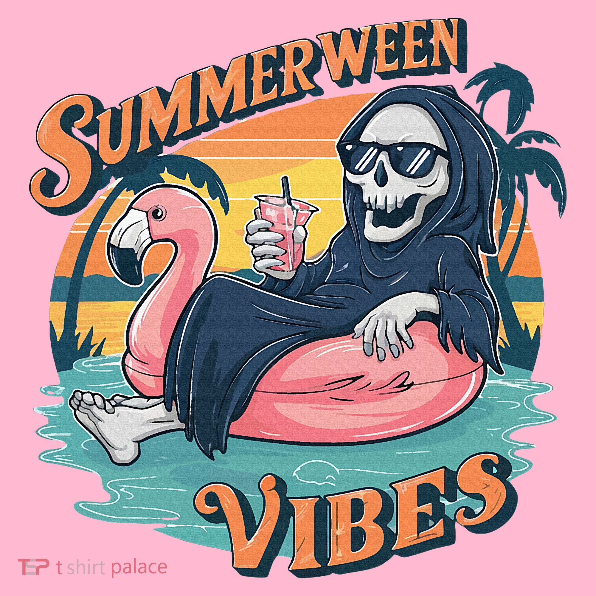 Summerween Vibes Skeleton Flamingo Float Summer Halloween Coaster