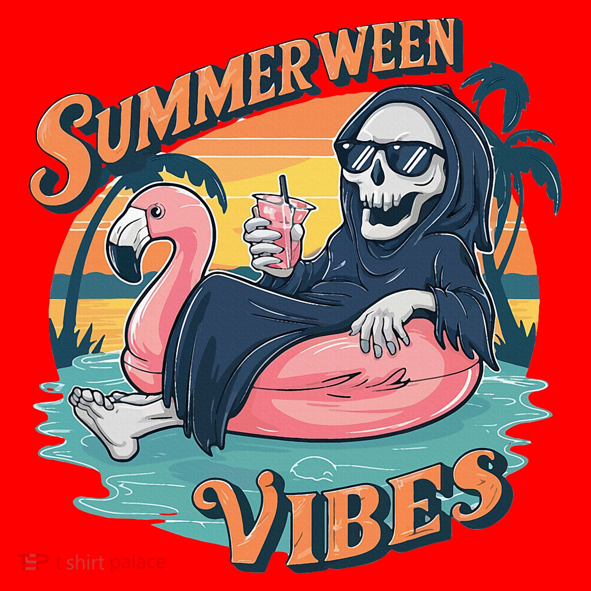 Summerween Vibes Skeleton Flamingo Float Summer Halloween Santa Hat