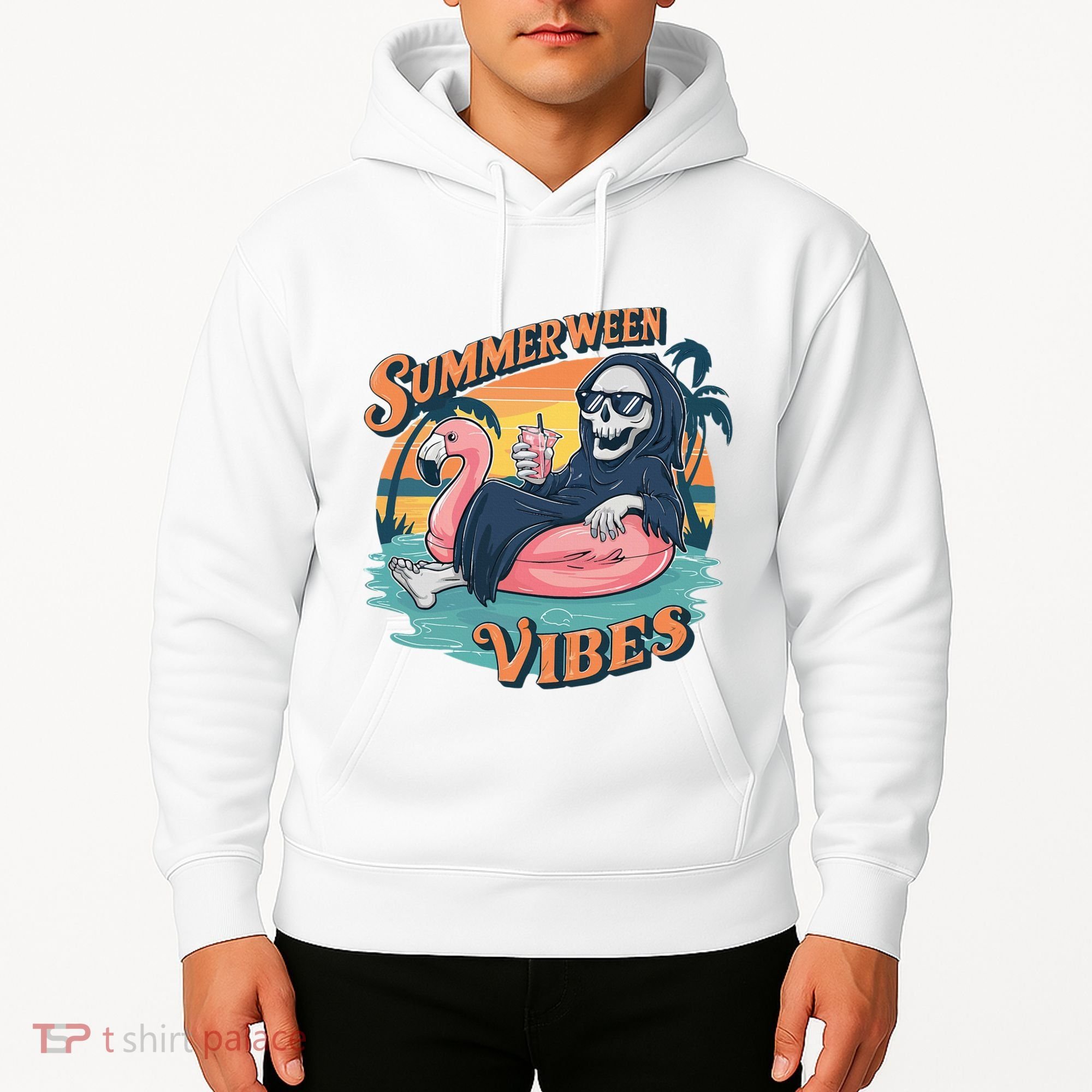 Summerween Vibes Skeleton Flamingo Float Summer Halloween Hoodie