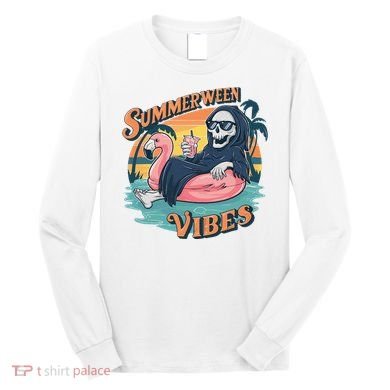 Summerween Vibes Skeleton Flamingo Float Summer Halloween Long Sleeve Shirt