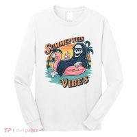 Summerween Vibes Skeleton Flamingo Float Summer Halloween Long Sleeve Shirt thumb 0