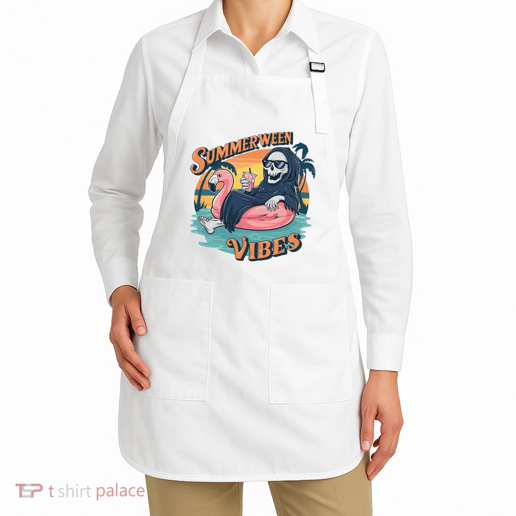 Summerween Vibes Skeleton Flamingo Float Summer Halloween Apron