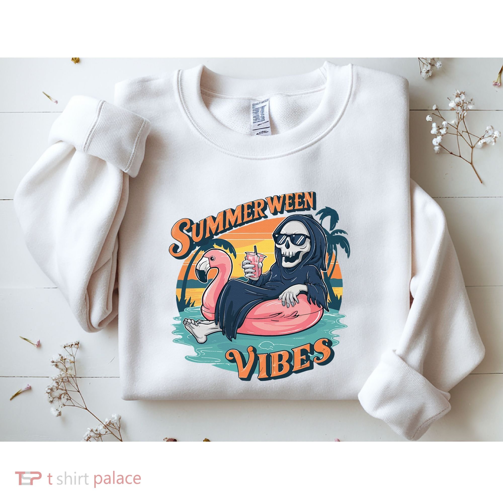 Summerween Vibes Skeleton Flamingo Float Summer Halloween Sweatshirt