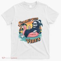 Summerween Vibes Skeleton Flamingo Float Summer Halloween T-Shirt thumb 0